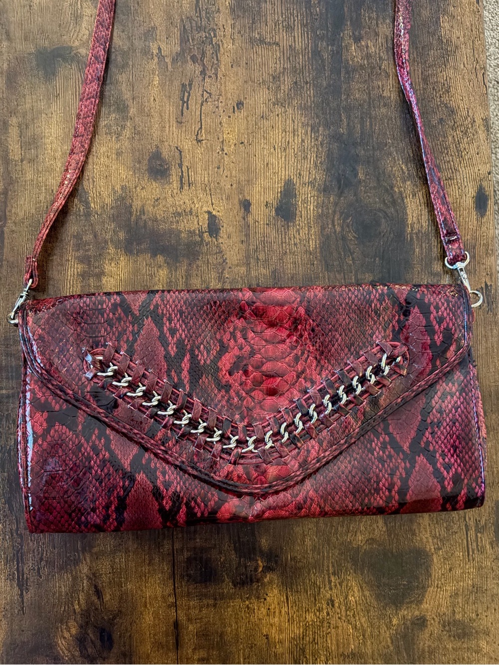 Nicole Miller Red Snake-Print Crossbody Clutch with Chain Weave
